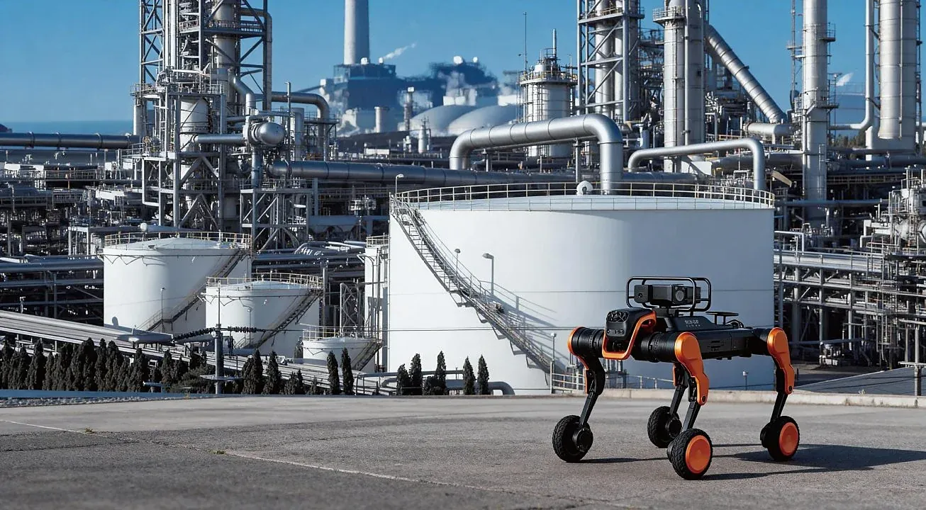 Wheeled-leg inspection robot patrolling a refinery tank farm and process units
